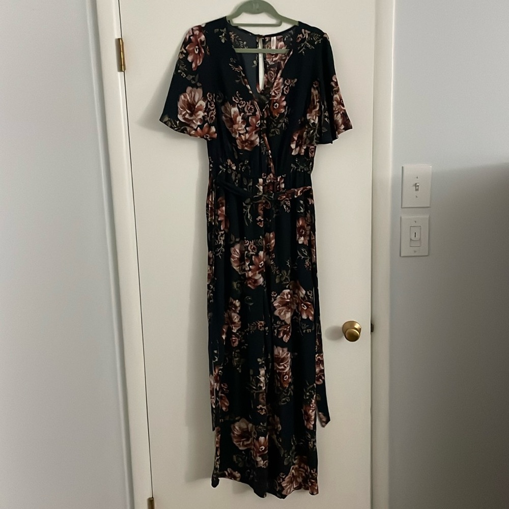 Xhileration navy and pink floral jumpsuit
